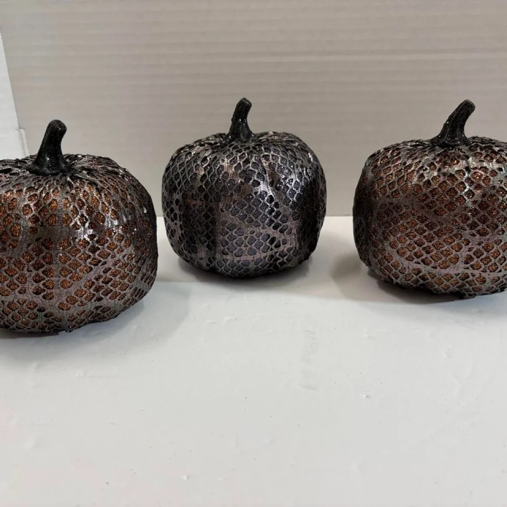 Set of 3 Halloween Gothic Mesh Sparkle Snakeskin Pumpkins Brown Black 5in